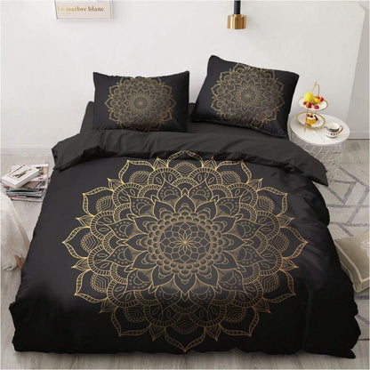 Boho Bettwäsche Set 135x200 Schwarz Gold Mandala Mikrofaser