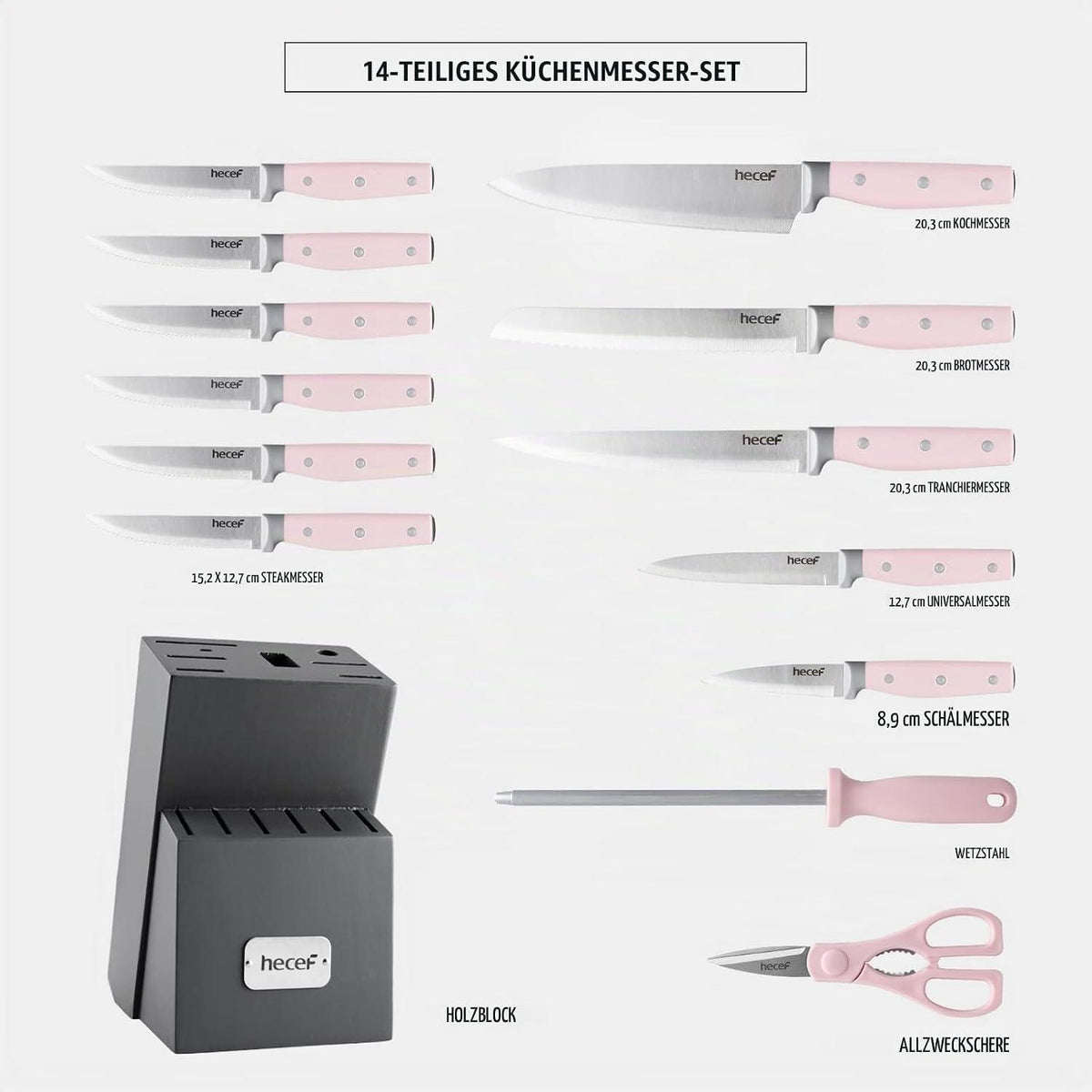 14-tlg. Messerset Edelstahl mit Holzblock & Schere (Rosa)