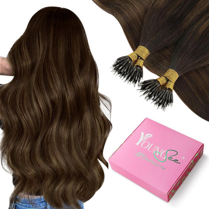Echthaar Nano Ring Extensions Braun Ombre 50cm