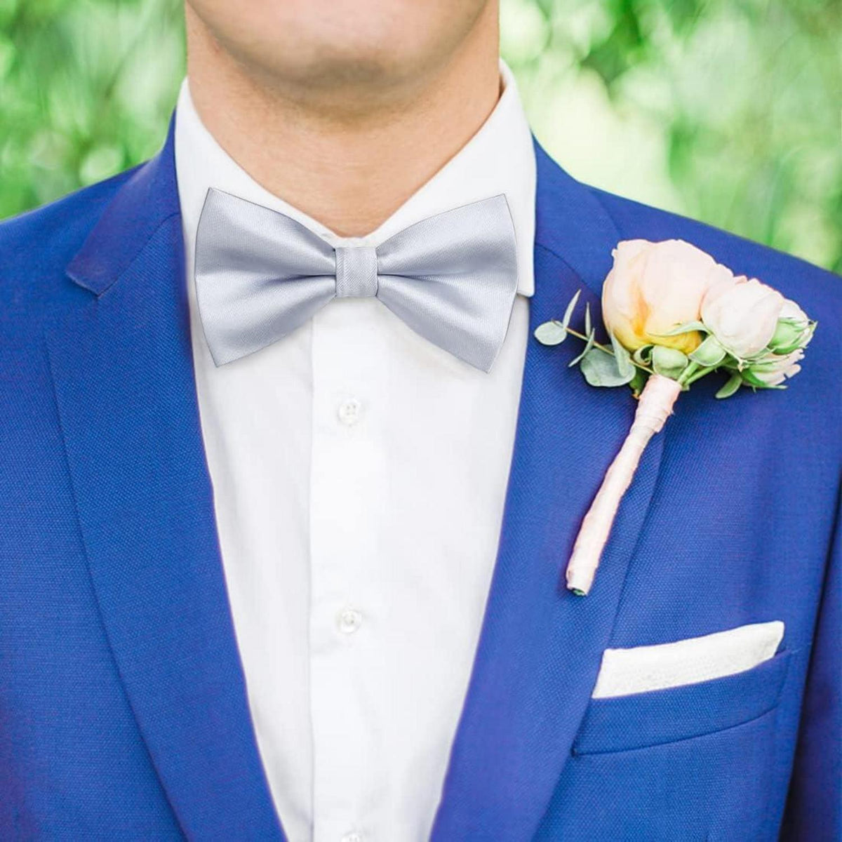 Herren Fliegen Set mit Einstecktuch, vorgebunden, silber