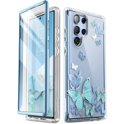 Schutzhülle Samsung S22 Ultra mit Displayschutz, Glitzer Schmetterling Blau