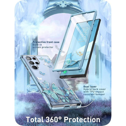 Schutzhülle Samsung S22 Ultra mit Displayschutz, Glitzer Schmetterling Blau
