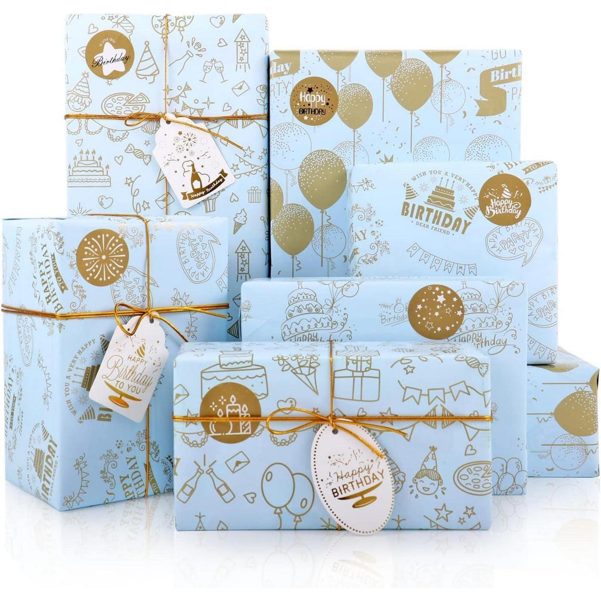 Geschenkpapier Geburtstag Gold, 6 Blatt mit Stickern & Tags
