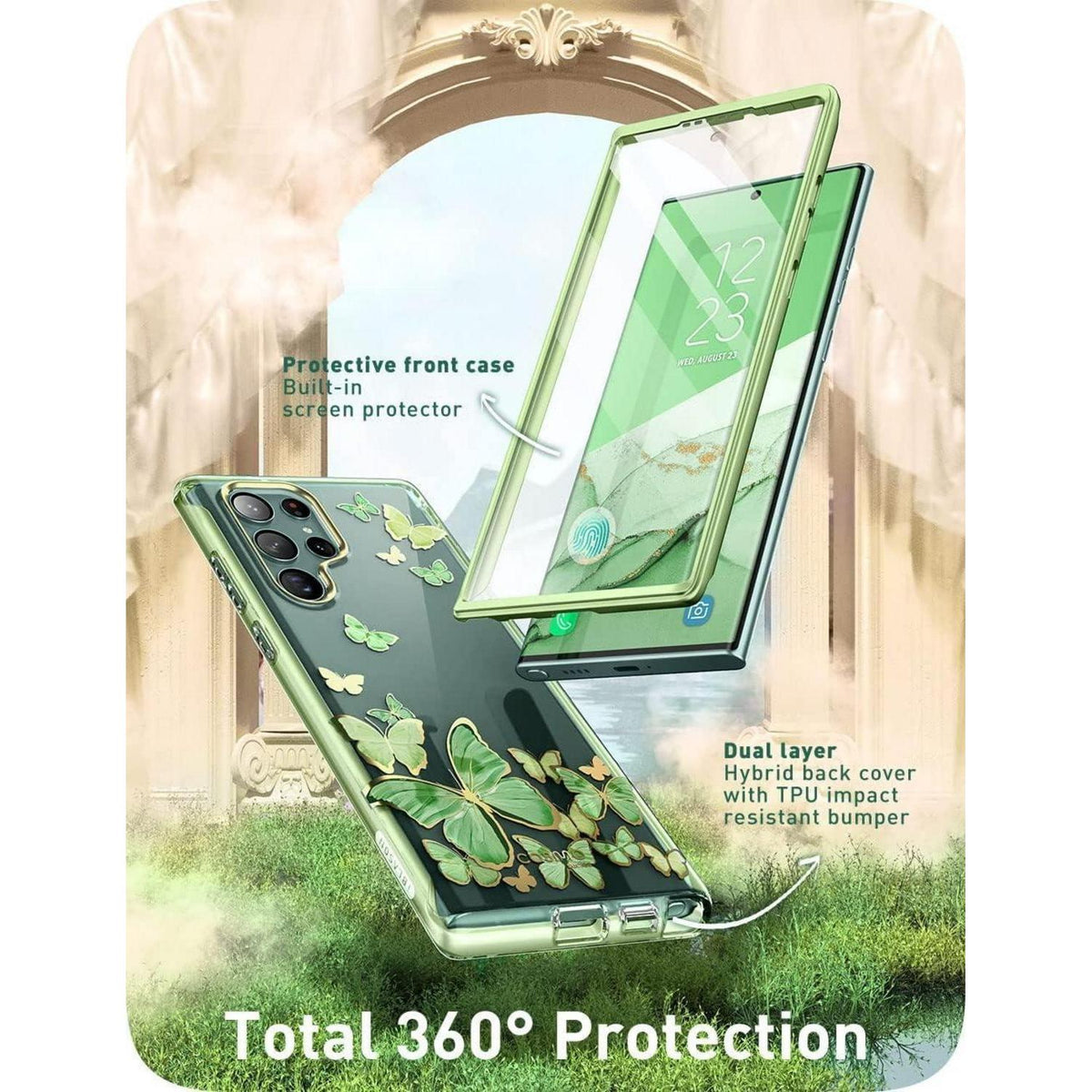 Schutzhülle Samsung S22 Ultra mit Displayschutz & Pailletten (Grüner Schmetterling)