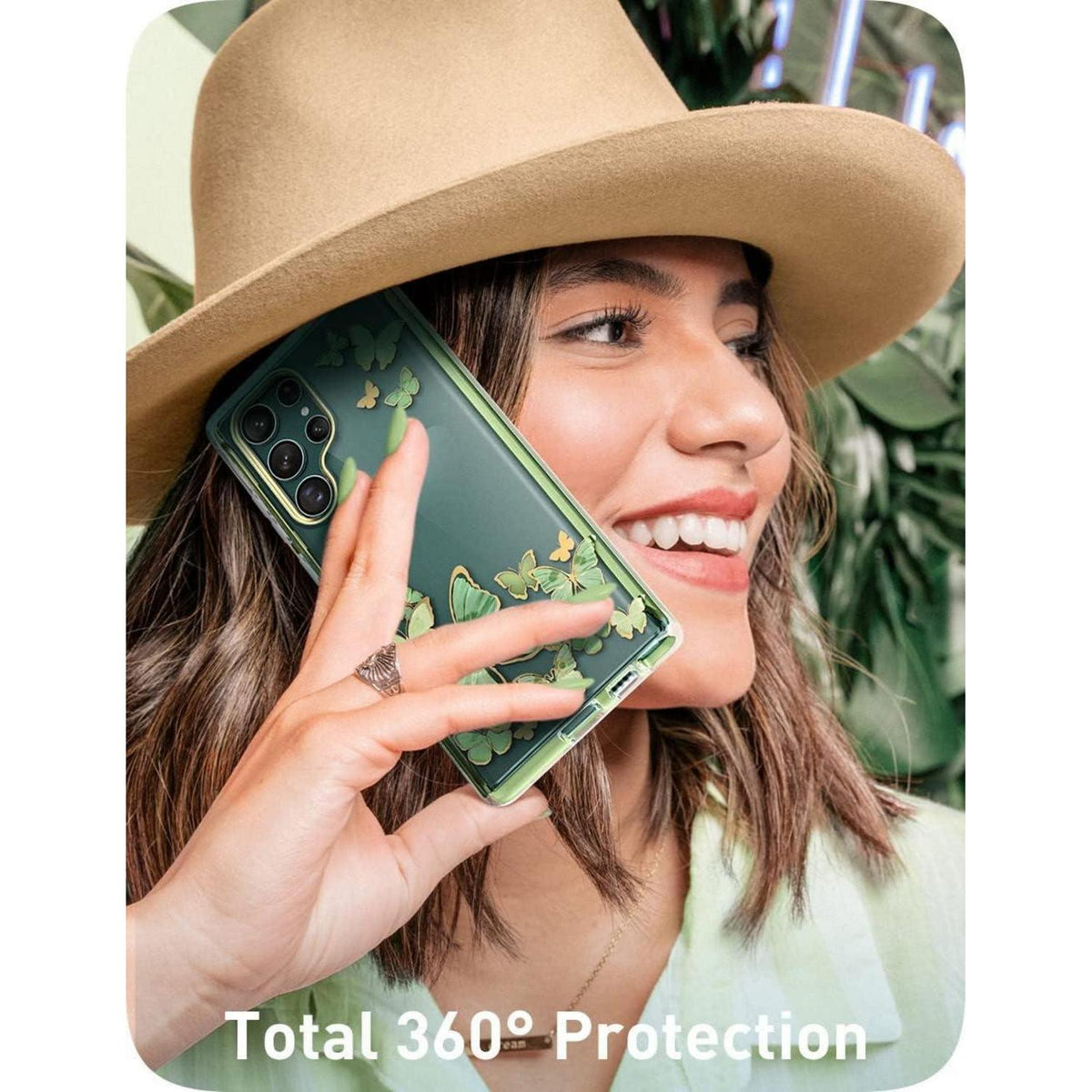 Schutzhülle Samsung S22 Ultra mit Displayschutz & Pailletten (Grüner Schmetterling)