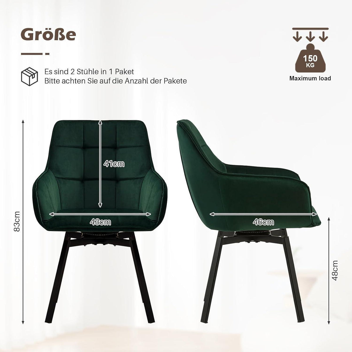 Drehbarer Samt Esszimmerstuhl mit Armlehnen – Grün (2er Set)