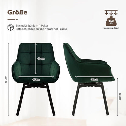 Drehbarer Samt Esszimmerstuhl mit Armlehnen – Grün (2er Set)