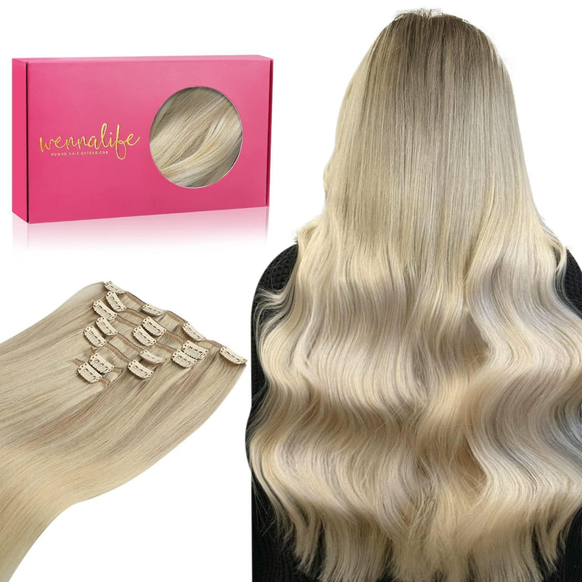 Echthaar Clip-Ins Aschblond bis Platinblond 60cm