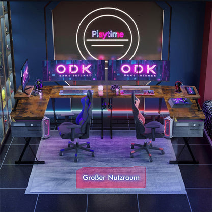 ODK Gaming Tisch L Form mit Monitorständer Vintage Braun