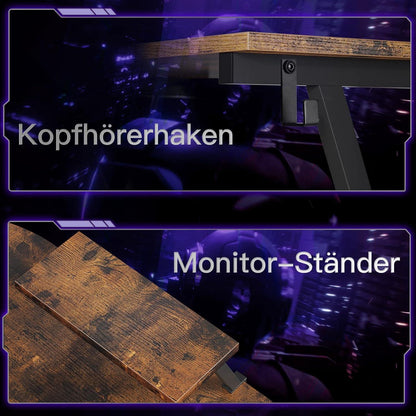 ODK Gaming Tisch Vintage Braun L-Form 127 x 127 cm mit Monitorständer