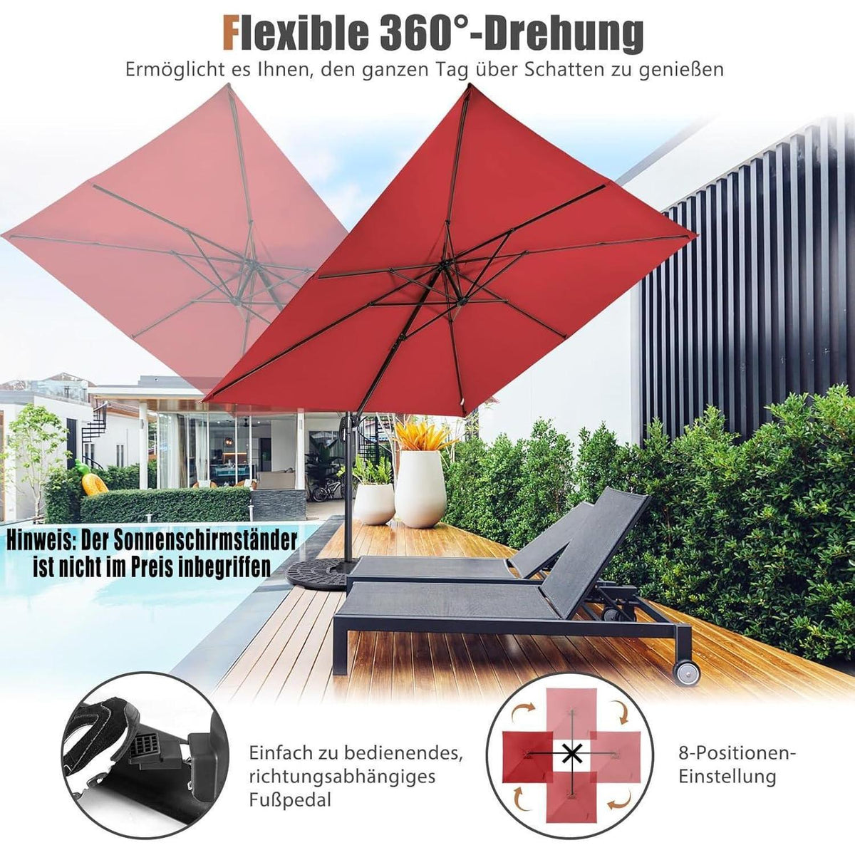 Ampelschirm Ø300cm Weinrot mit Kurbel & 360° Drehung