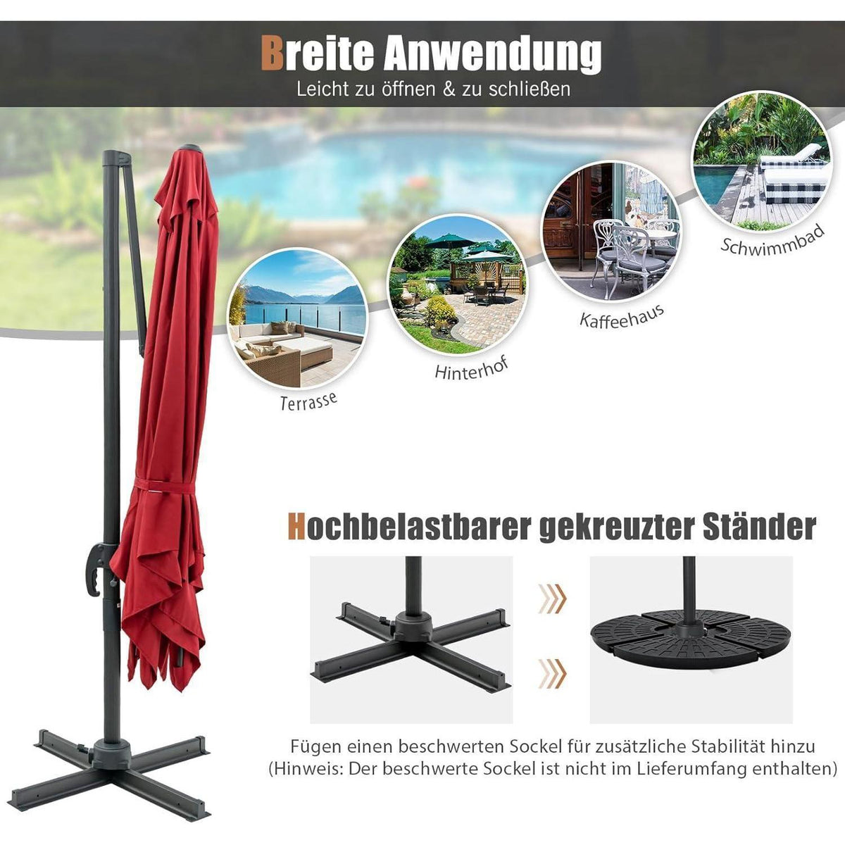 Ampelschirm Ø300cm Weinrot mit Kurbel & 360° Drehung