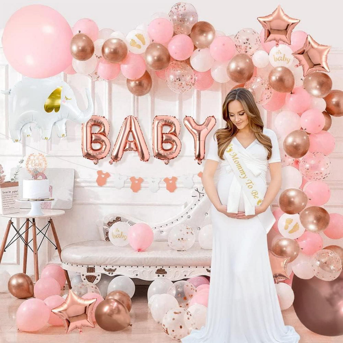 Babyshower Deko Set Rosa Rosegold Girlande Ballons Schärpe Topper
