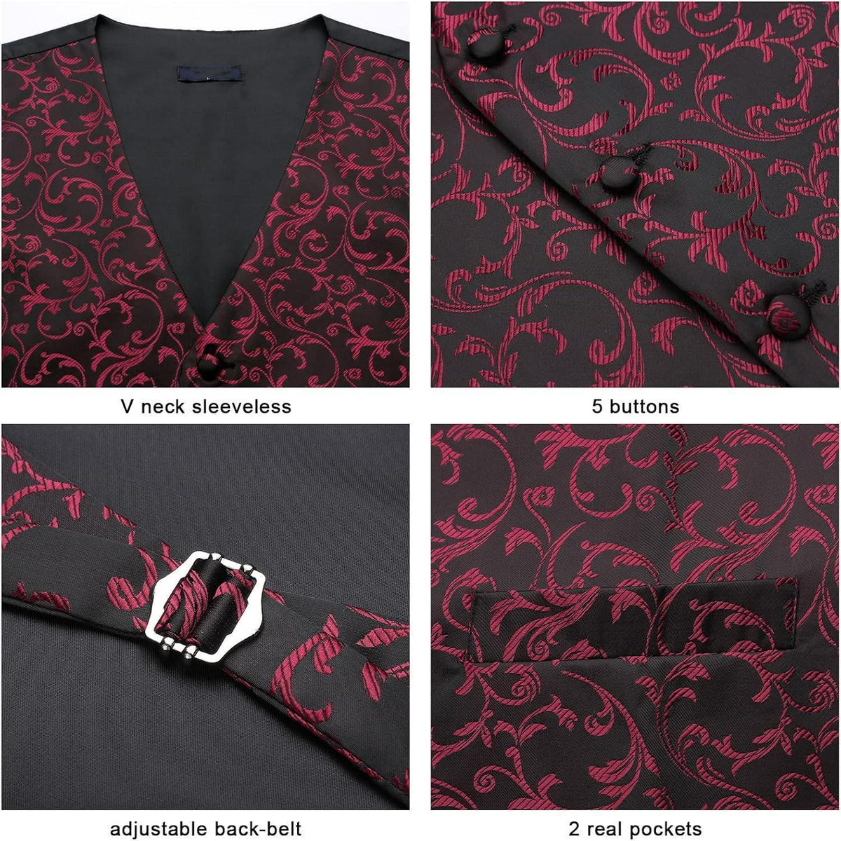 Herren Anzugweste Set Paisley Jacquard mit Krawatte & Einstecktuch Weinrot