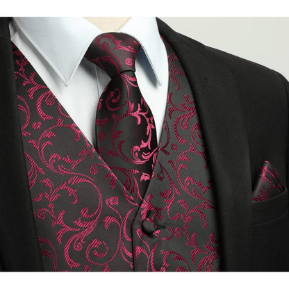 Herren Anzugweste Set Paisley Krawatte Einstecktuch Schwarz-Weinrot