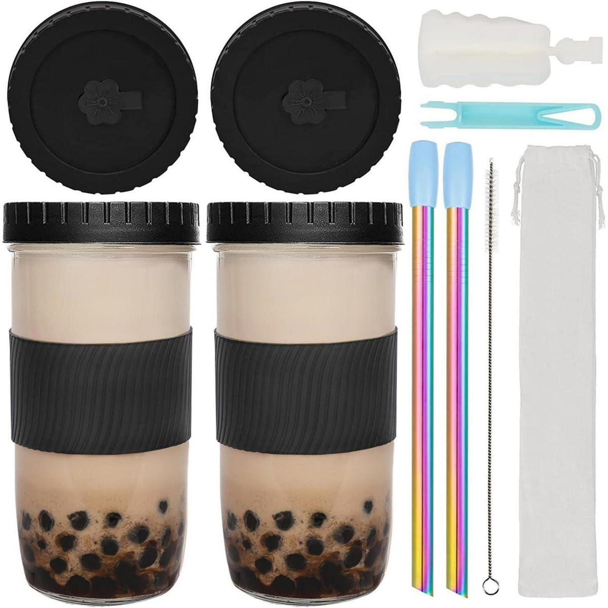 Bubble Tea Becher 730ml 2er Set mit Deckel & Strohhalm, Auslaufsicher