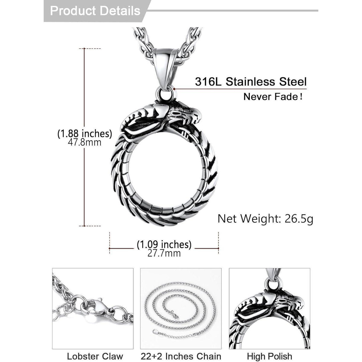 Herren Halskette Edelstahl mit Drachen Ouroboros Anhänger Wikinger Stil