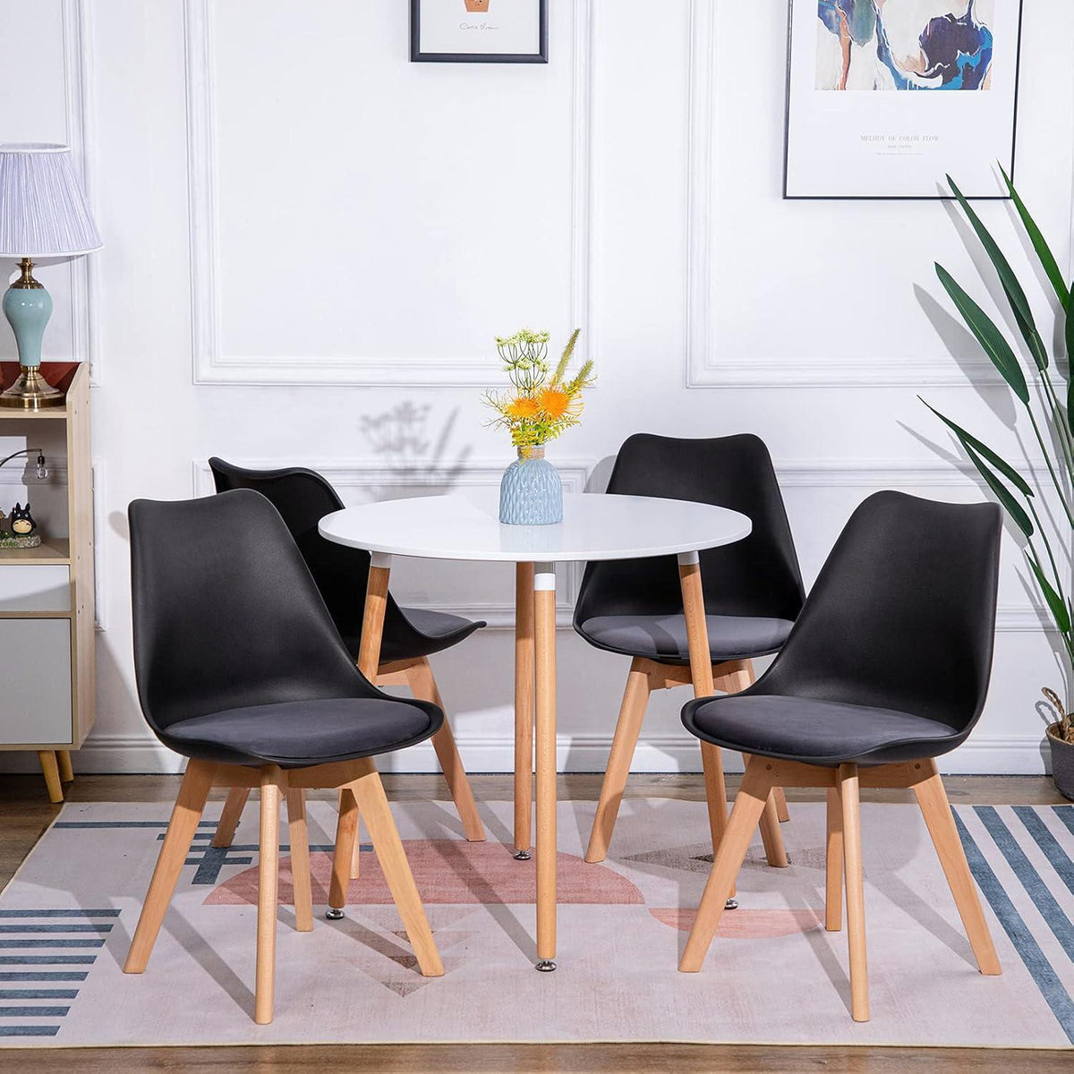 Runder Esstisch Set weiß mit 4 Samtstühlen – Modern & Praktisch