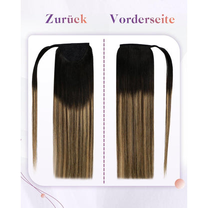 Echthaar Zopf Extension Schwarz Ombre Braun Balayage 40cm
