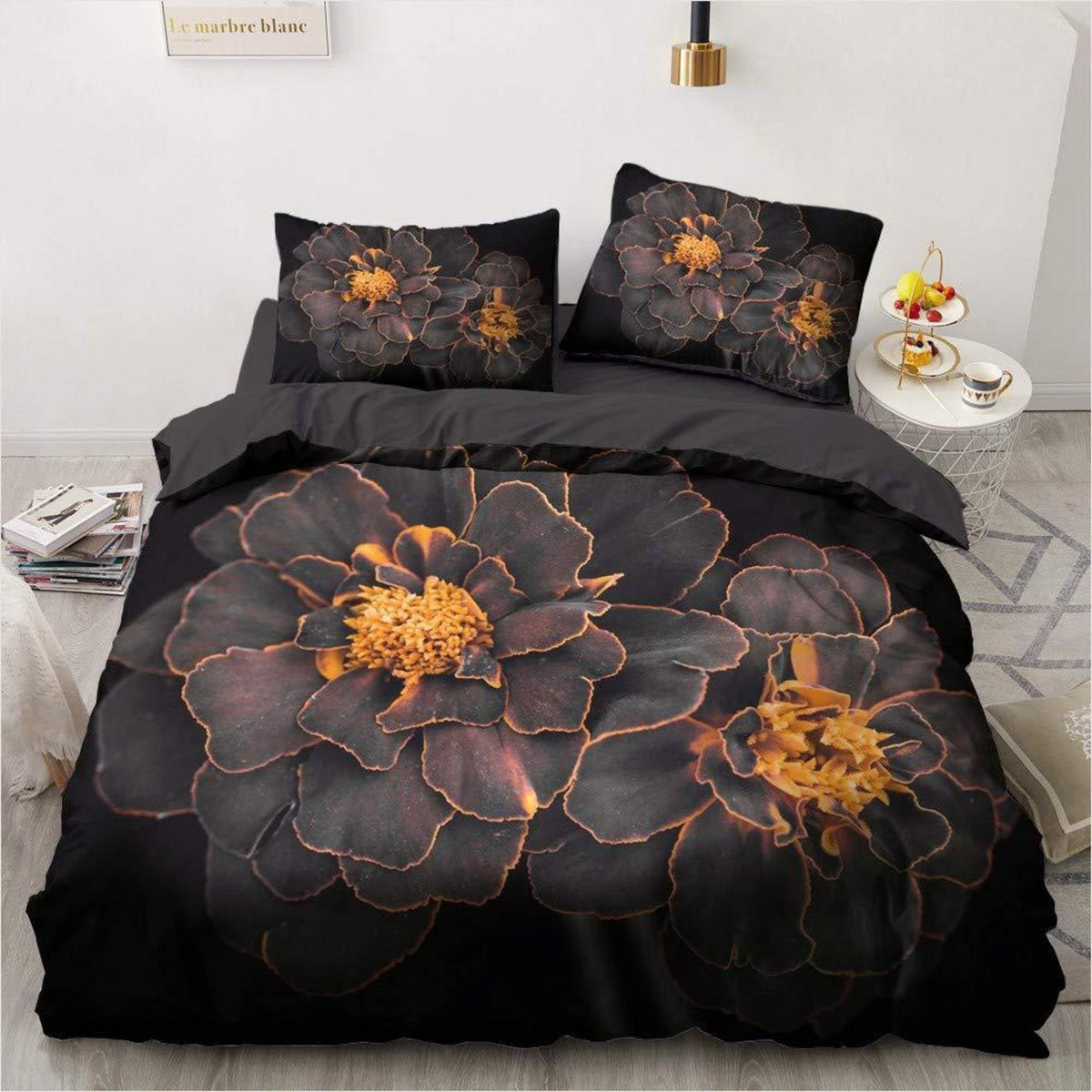 Blumen Bettwäsche Set Schwarz Orange Vintage 135x200cm