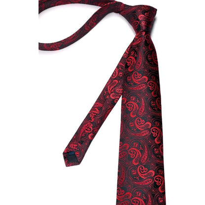 Herren Krawatten Set mit Einstecktuch & Manschettenknöpfen – Paisley Rot Schwarz