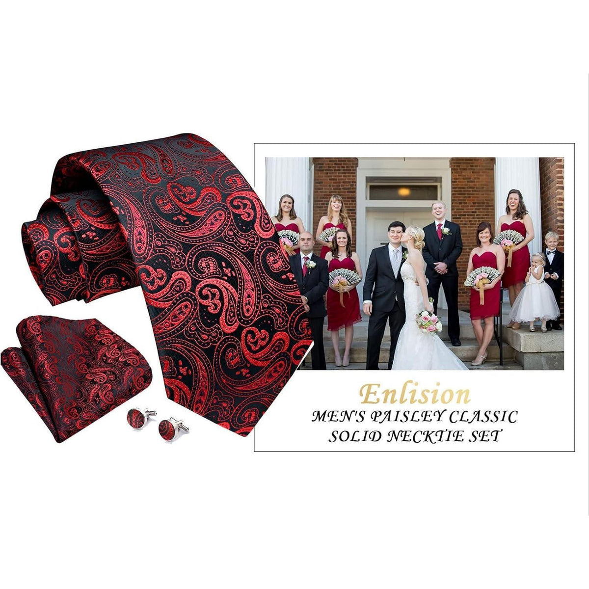 Herren Krawatten Set mit Einstecktuch & Manschettenknöpfen – Paisley Rot Schwarz