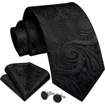 Herren Krawatten Set Paisley mit Einstecktuch & Manschettenknöpfen
