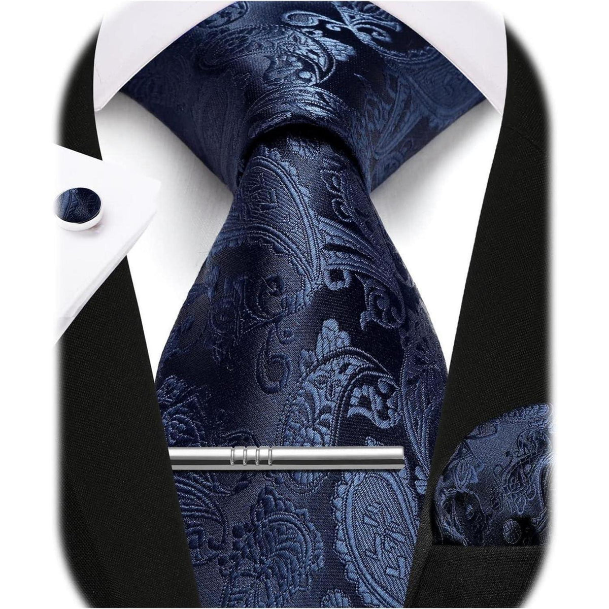 Herren Krawatten Set mit Einstecktuch, Krawattenklammer & Manschettenknöpfen - Marineblau