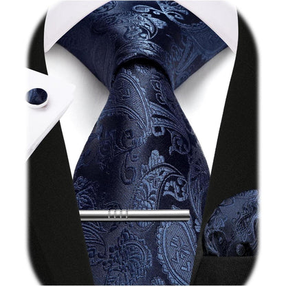 Herren Krawatten Set mit Einstecktuch, Krawattenklammer & Manschettenknöpfen - Marineblau