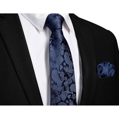 Herren Krawatten Set mit Einstecktuch, Krawattenklammer & Manschettenknöpfen - Marineblau