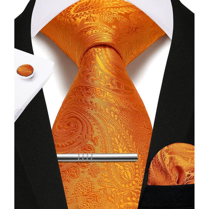 Herren Krawatten Set mit Einstecktuch, Krawattenklammer & Manschettenknöpfen – Orange
