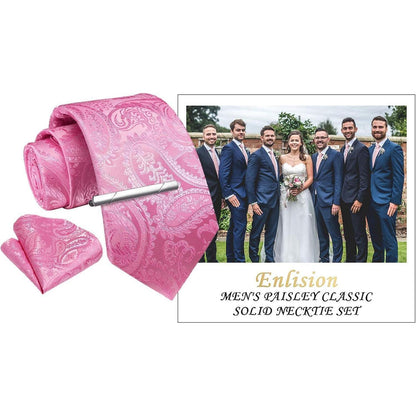 Herren Krawatten-Set mit Einstecktuch und Krawattennadel – Rosa Paisley