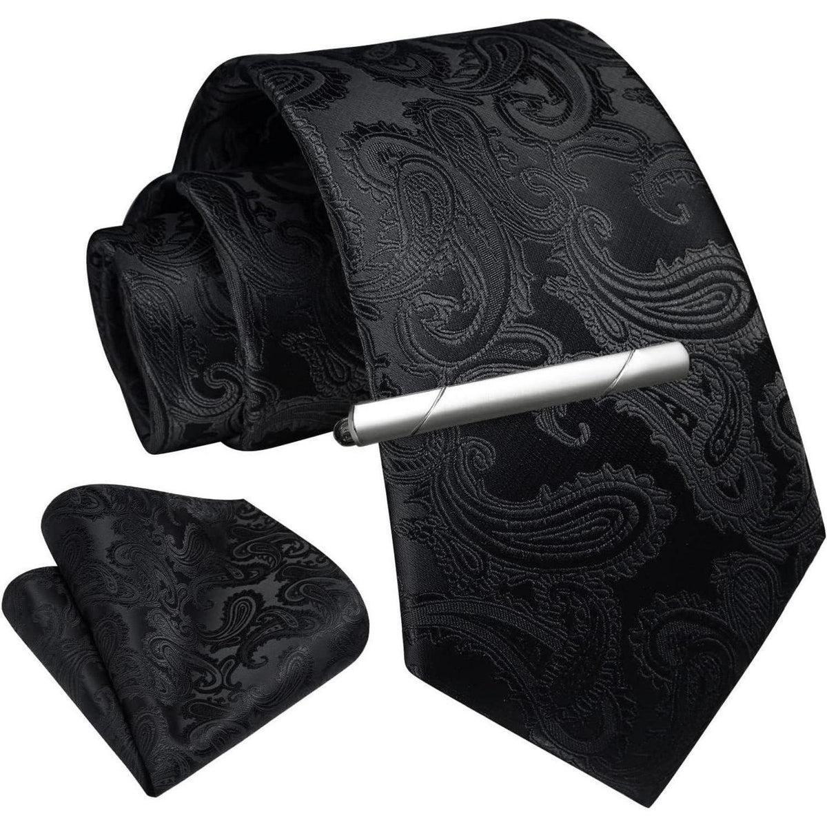 Herren Krawatten-Set mit Einstecktuch und Krawattennadel - Paisley Kariert Schwarz