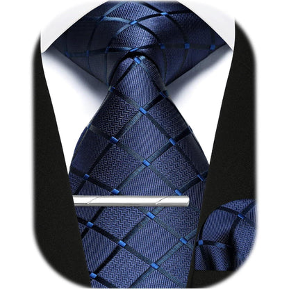 Herren Krawatten-Set mit Einstecktuch und Krawattennadel – Marineblau Kariert