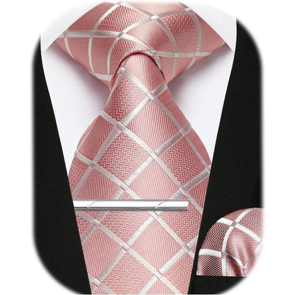 Herren Krawatten-Set mit Einstecktuch & Krawattennadel – Rosa Kariert