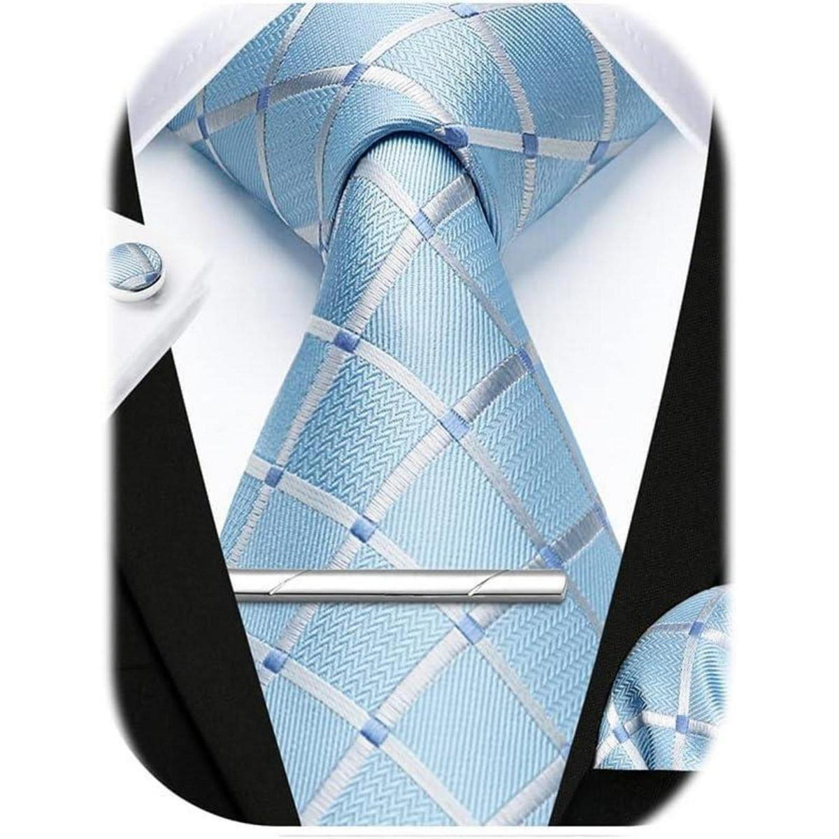 Herren Krawatten-Set mit Einstecktuch und Manschettenknöpfen, Babyblau kariert