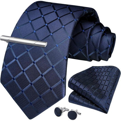 Herren Krawatten-Set mit Einstecktuch und Manschettenknöpfen, marineblau kariert