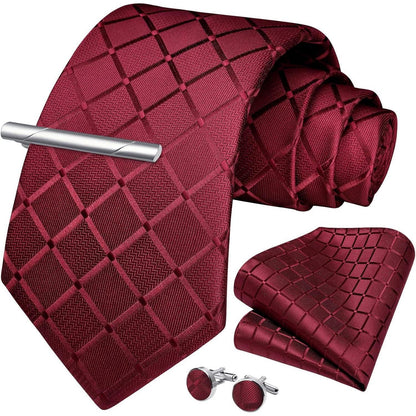 Herren Krawatten-Set mit Einstecktuch, Manschettenknöpfen und Krawattenklammer Burgund
