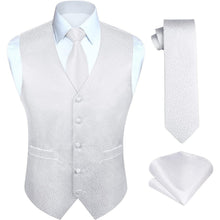 Herren Jacquard Weste Krawatte Einstecktuch Set XL Weiß
