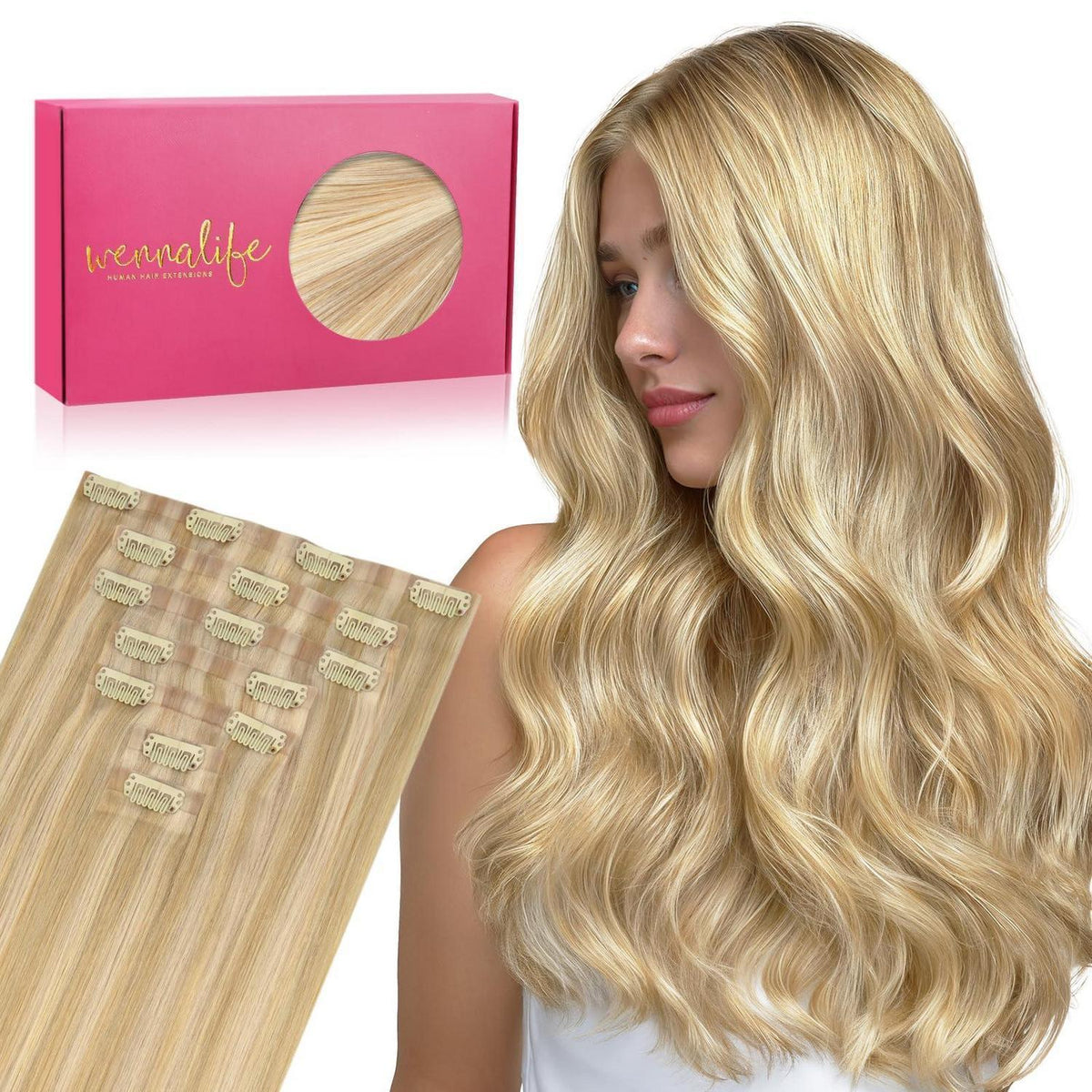 Nahtlose Clip-In Echthaarverlängerungen 40cm Hellblond Highlights