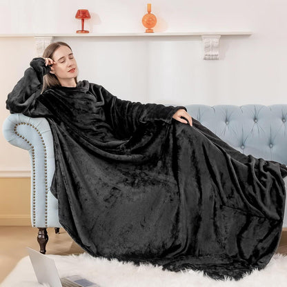 Kuscheldecke mit Ärmeln & Fußtasche – Tragbare Decke Schwarz 150x200cm