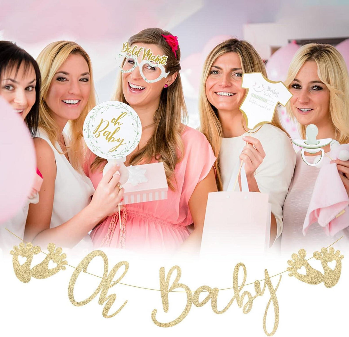 Babyparty Deko Set Oh Baby Girlande Banner Gold 12 Stk. Fotorequisiten