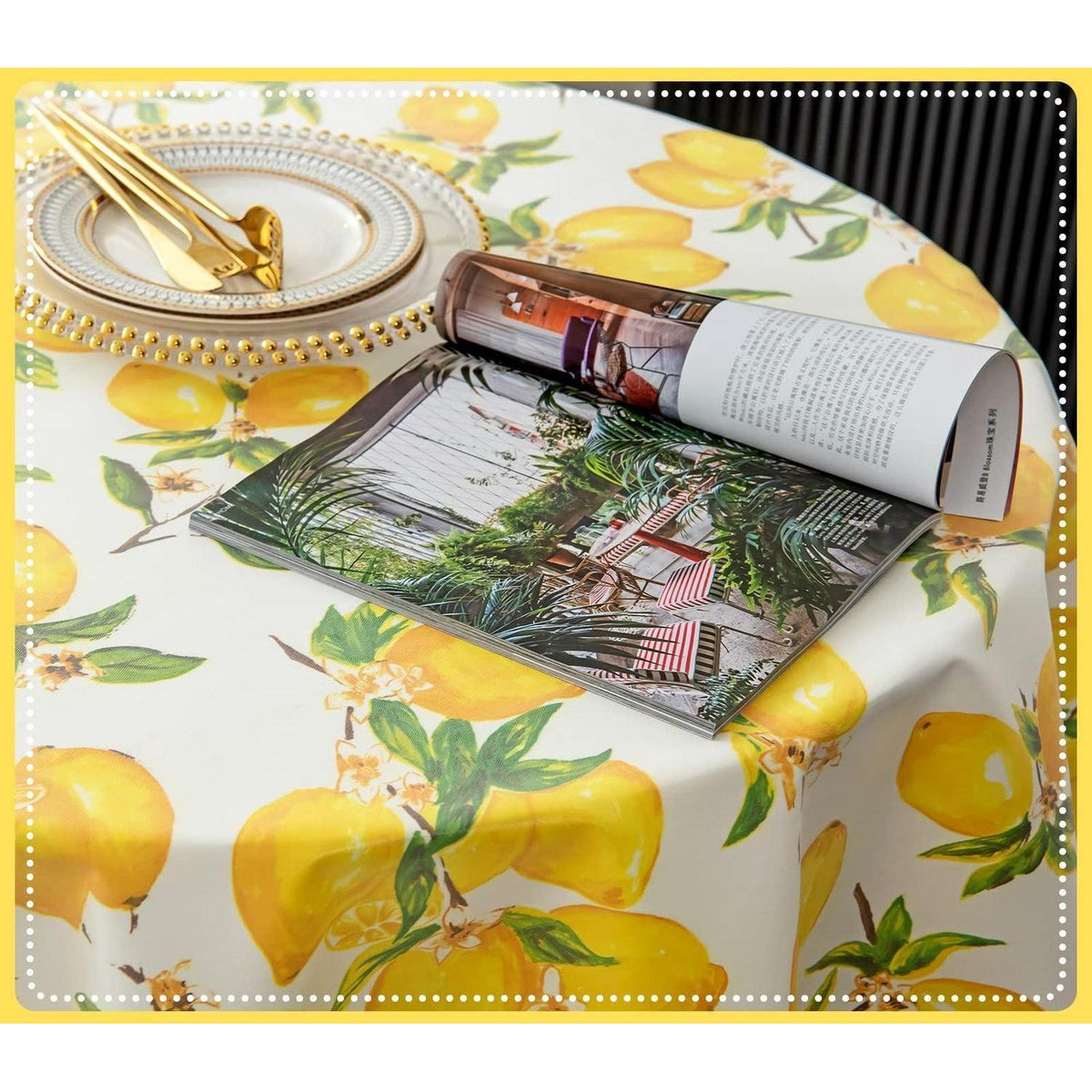 Gelbe Tischdecke Lemon Frühling Sommer | Rund 140 cm, wasserdicht