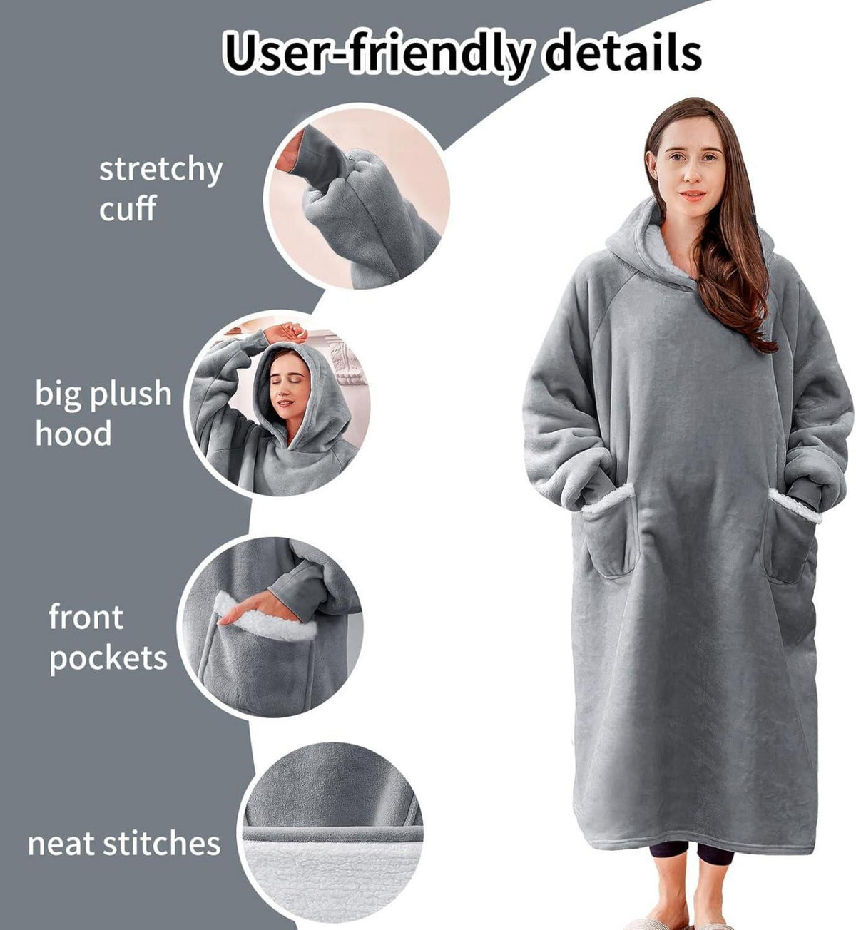 Aisbo Sherpa Hoodie Decke mit Ärmeln und Kapuze - Warme Kuscheldecke für Damen und Herren, 130x82cm, Hellgrau