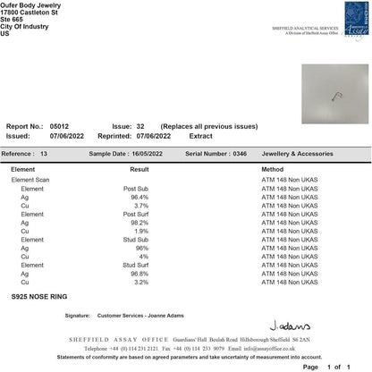 Nasenpiercing L-Form 925 Silber mit Zirkonia 2mm