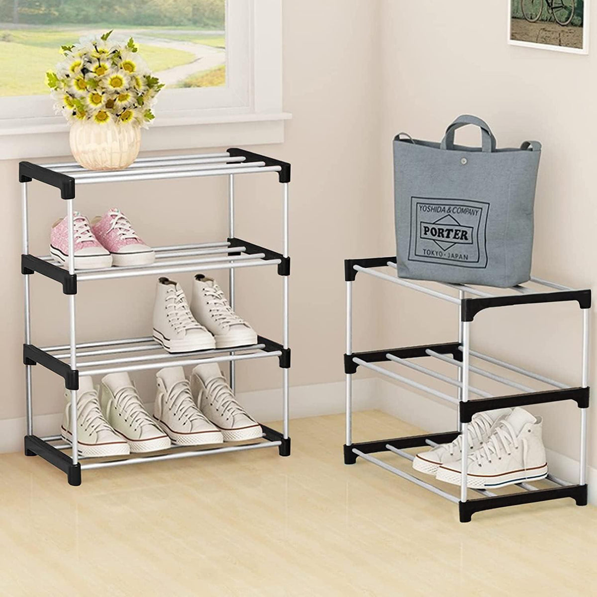 NIAWECAN Kleines stapelbares Schuhregal 3 Ebenen Organizer Schwarz