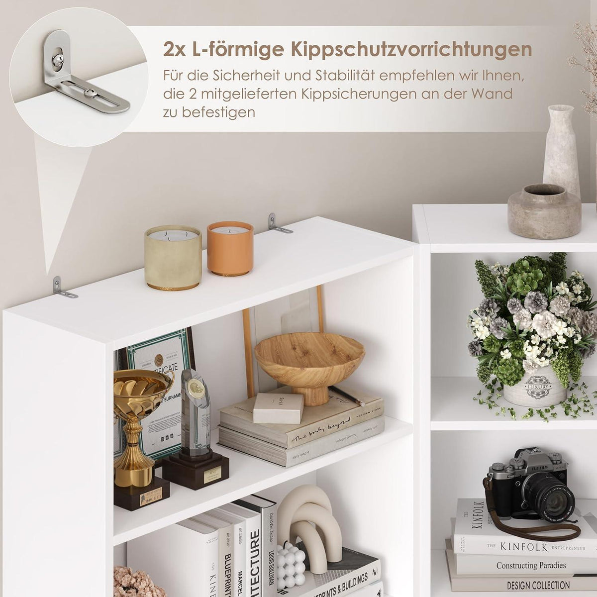 Holzregal mit 6 Fächern – Weißes Bücherregal für Wohnzimmer