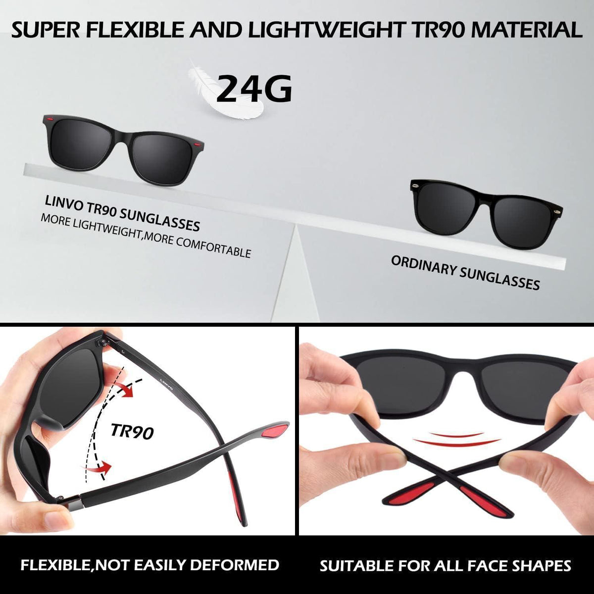 Polarisierte Sonnenbrille TR90 Retro Eckig UV400 Schutz Matt Schwarz/Grau