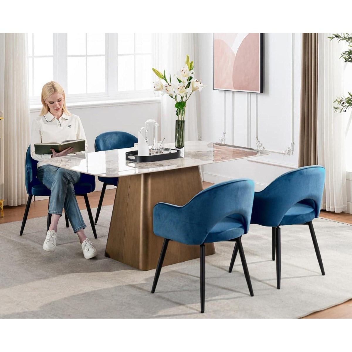 Drehbare Samt Esszimmerstühle 2er Set mit Armlehnen (Blau)