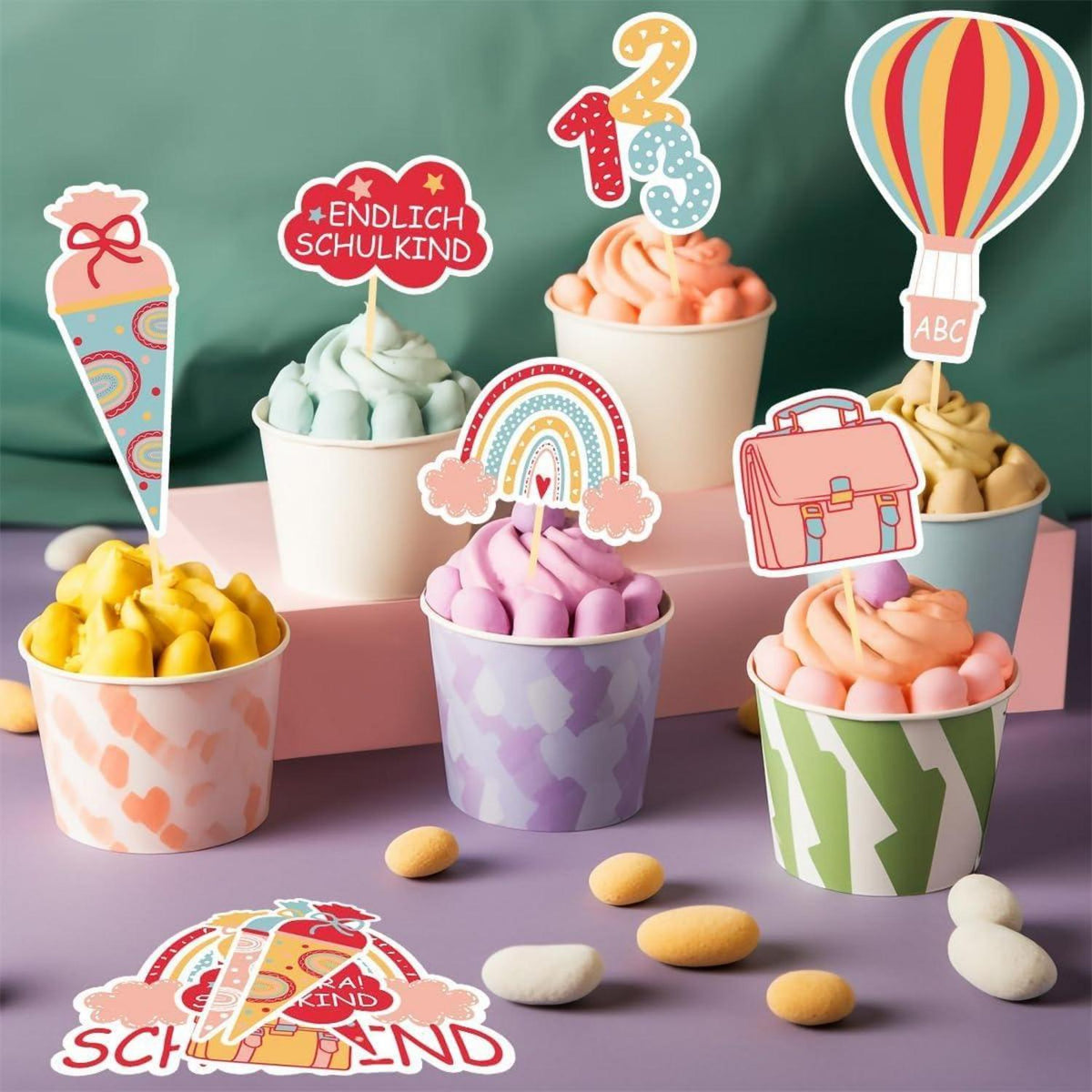 Tortendeko Einschulung Mädchen 13Pcs Cake Topper Zuckertüte ABC 123 Kuchen Deko